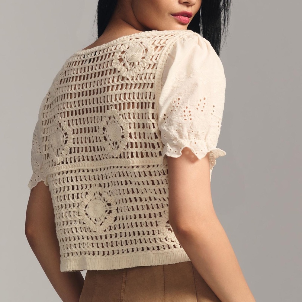 NVLT Cropped Puff-Sleeve Cardigan Sweater Anthropologie - Picture 2 of 8